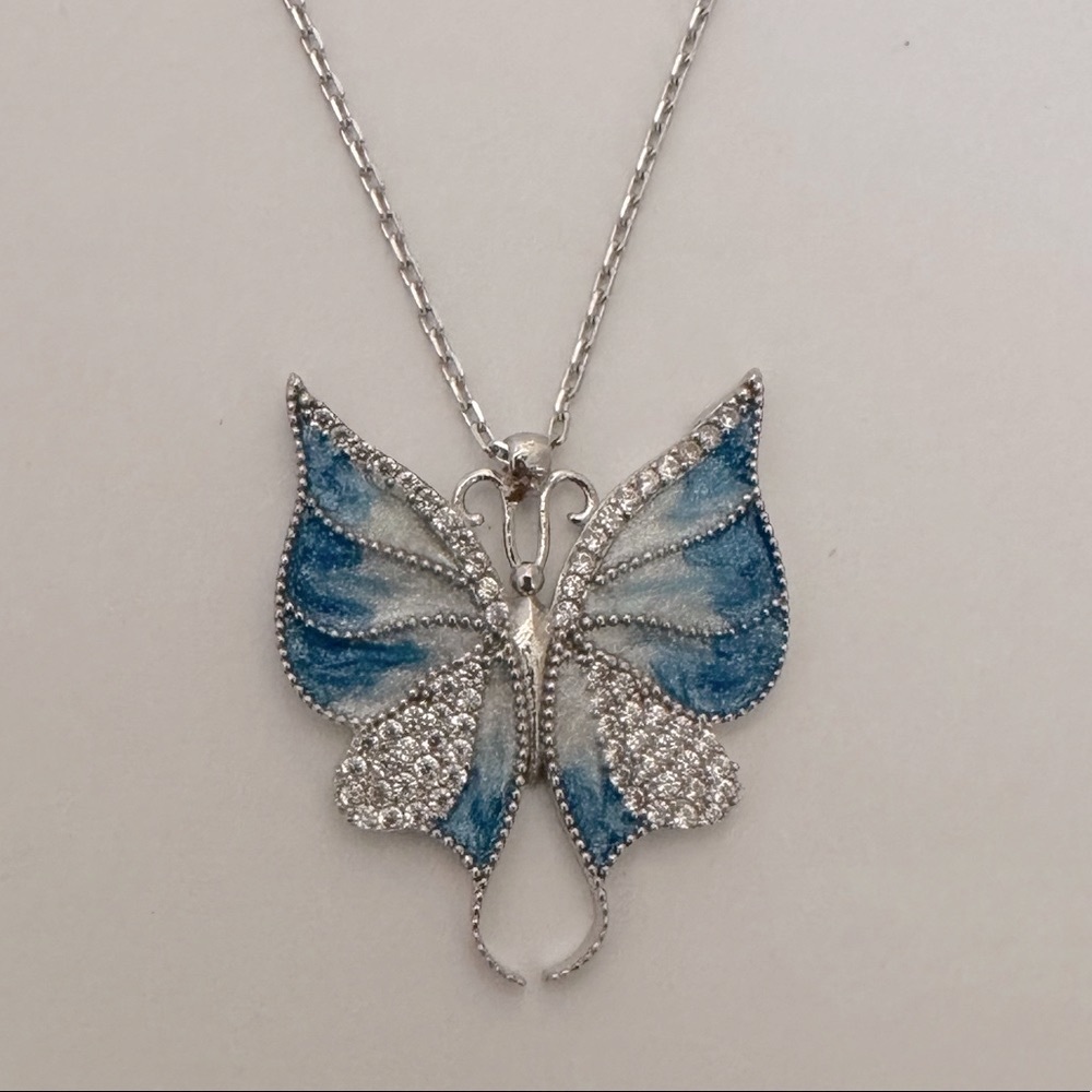 925 silver blue butterfly enamel necklace clear cubic zirconia cz stones
